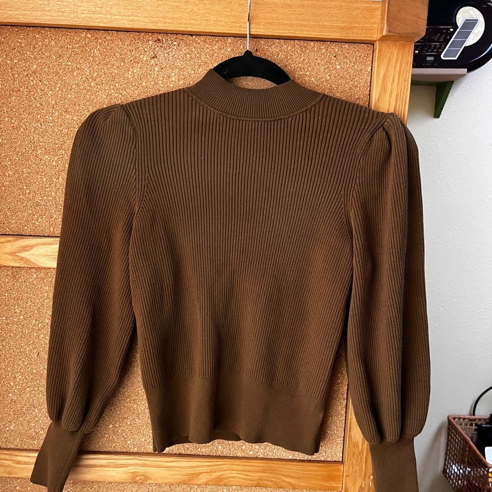 Green Ribbed Balloon Sleeve Sweater